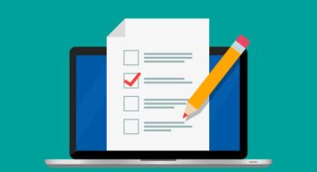 Online form survey on screen laptop. Checklist and pencil. Modern electronic voting system. Vector illustration. Flat design. EPS 10.